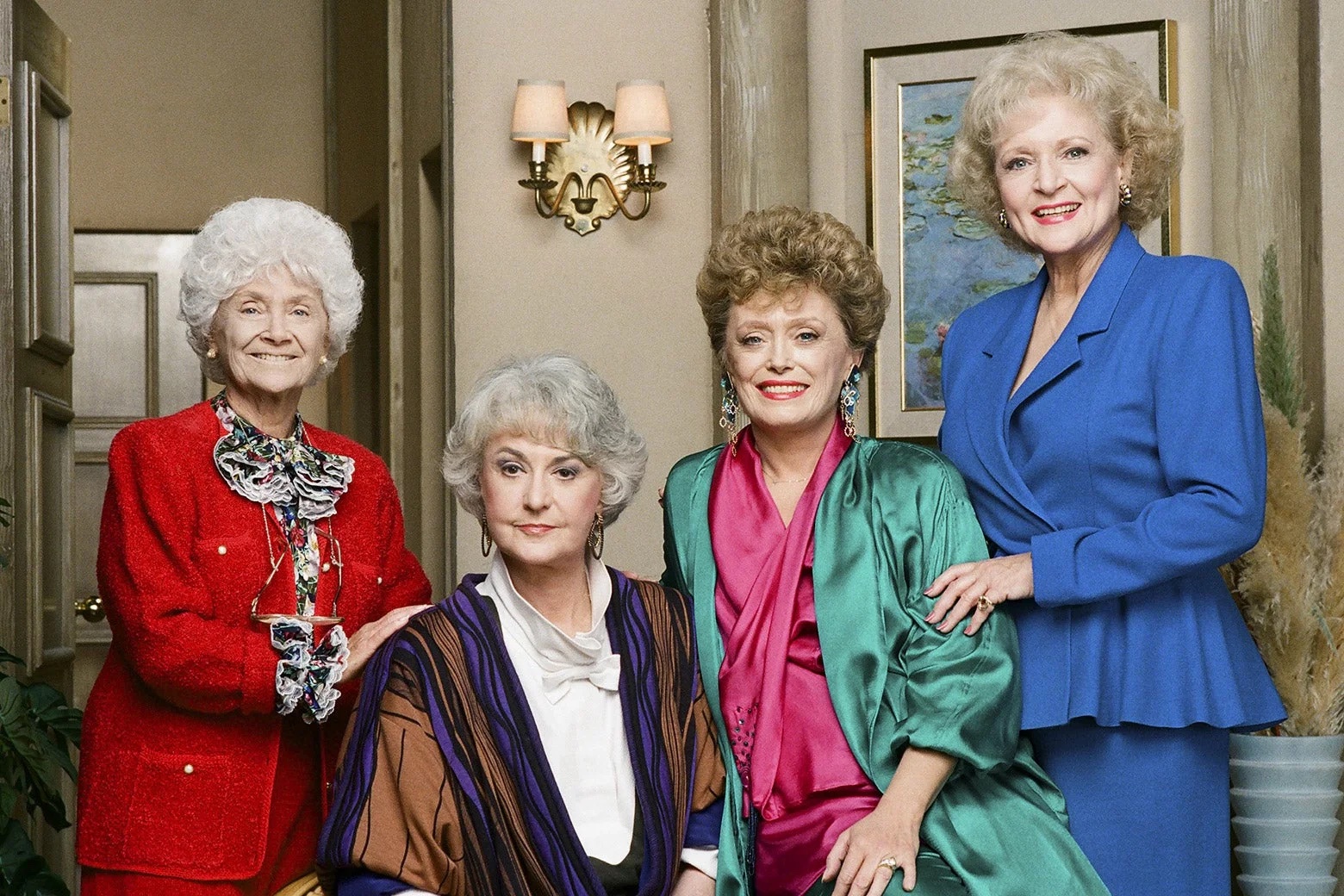 From left to right: Estelle Getty, Bea Arthur, Rue McClanahan, and Betty White in The Golden Girls
