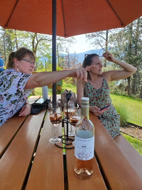 Michelle and Dani, looking lost beneath an umbrella, with three glasses of wine before them.