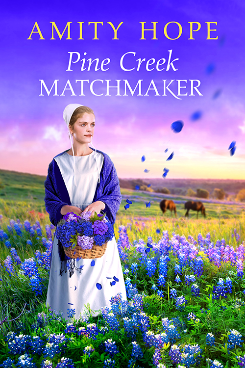 The cover for Pine Creek Matchmaker features a woman in Amish clothing standing in a field of flowers. She holds a basket overflowing with flowers as she looks off into the distance.