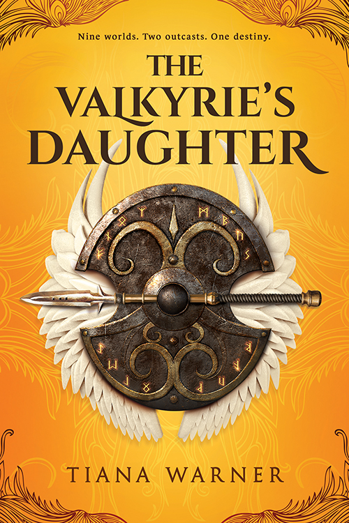 A bright yellow background with a lighter yellow pattern on it. At the top and bottom corners is a dark filigree. In the centre of the cover is a dark shield with a javelin across it and wings behind it. At the top, it reads "Nine worlds. Two outcasts. One destiny." The title, The Valkyrie's Daughter, and the author, Tiana Warner, are both written on the cover as well.