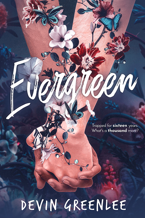 two hands held together, vines and flowers climb up their arms. On some of the flowers, blue and white butterflies are sat. Over the two wrists is the title, EVERGREEN, with the tagline "trapped for sixteen years, what's a thousand more?" beside it. Author DEVIN GREENLEE is noted at the bottom over a dark floral background.