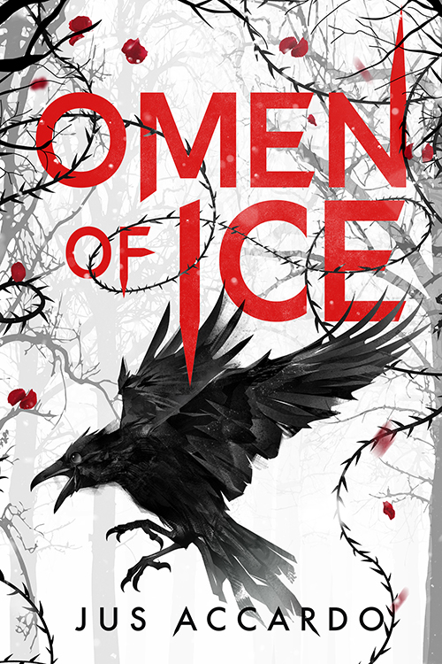 Cover for Omen of Ice by Jus Accardo. A black bird in flight surrounded by thorns and branches.