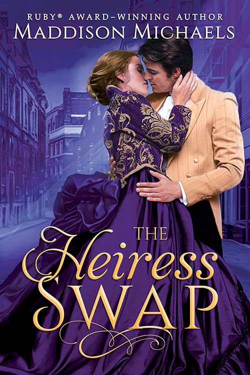 Book cover for THE HEIRESS SWAP by Maddison Michaels. A woman in a purple gown is a moment away from kissing a man in a neutral toned suit jacket.